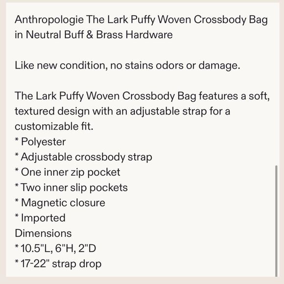 🍦 ANTHROPOLOGIE LARK PUFFY WOVEN CROSSBODY HANDBAG PURSE CREAM BUFF SAND NUDE - Picture 7 of 8